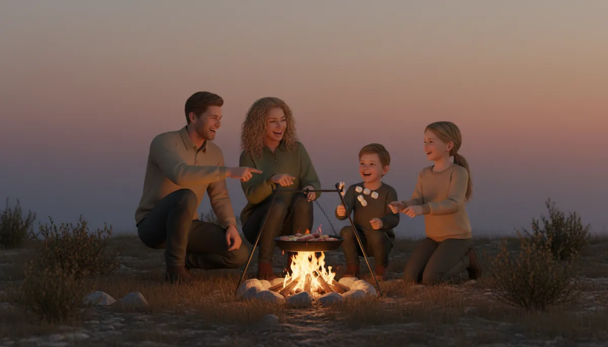 Family cooking together over a campfire on quiet undeveloped land Family cooking together over a campfire on quiet undeveloped land
