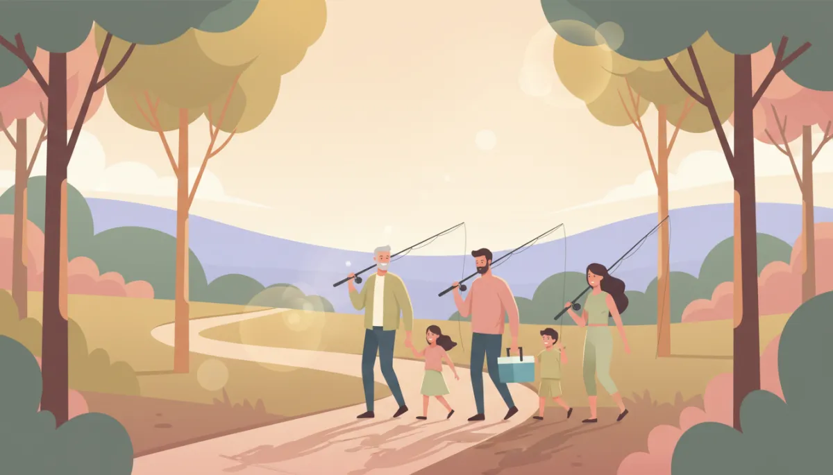 Family walking through private recreational land toward a fishing spot Family walking through private recreational land toward a fishing spot
