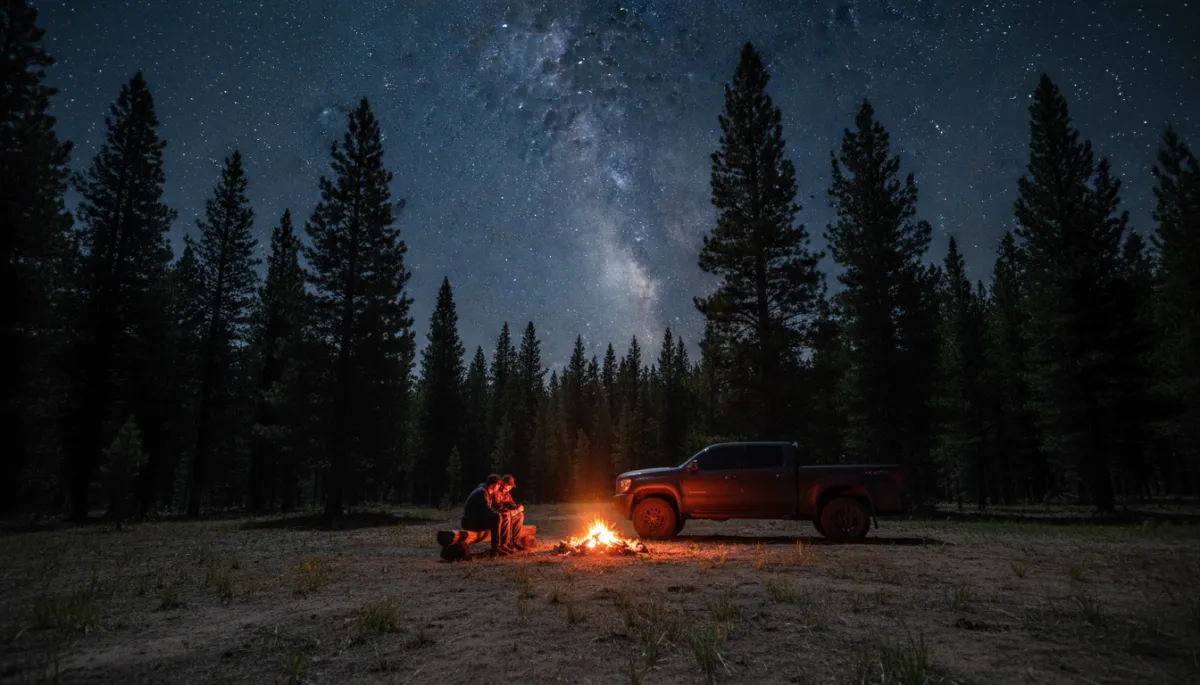 Photorealistic view of a couple stargazing from a private clearing