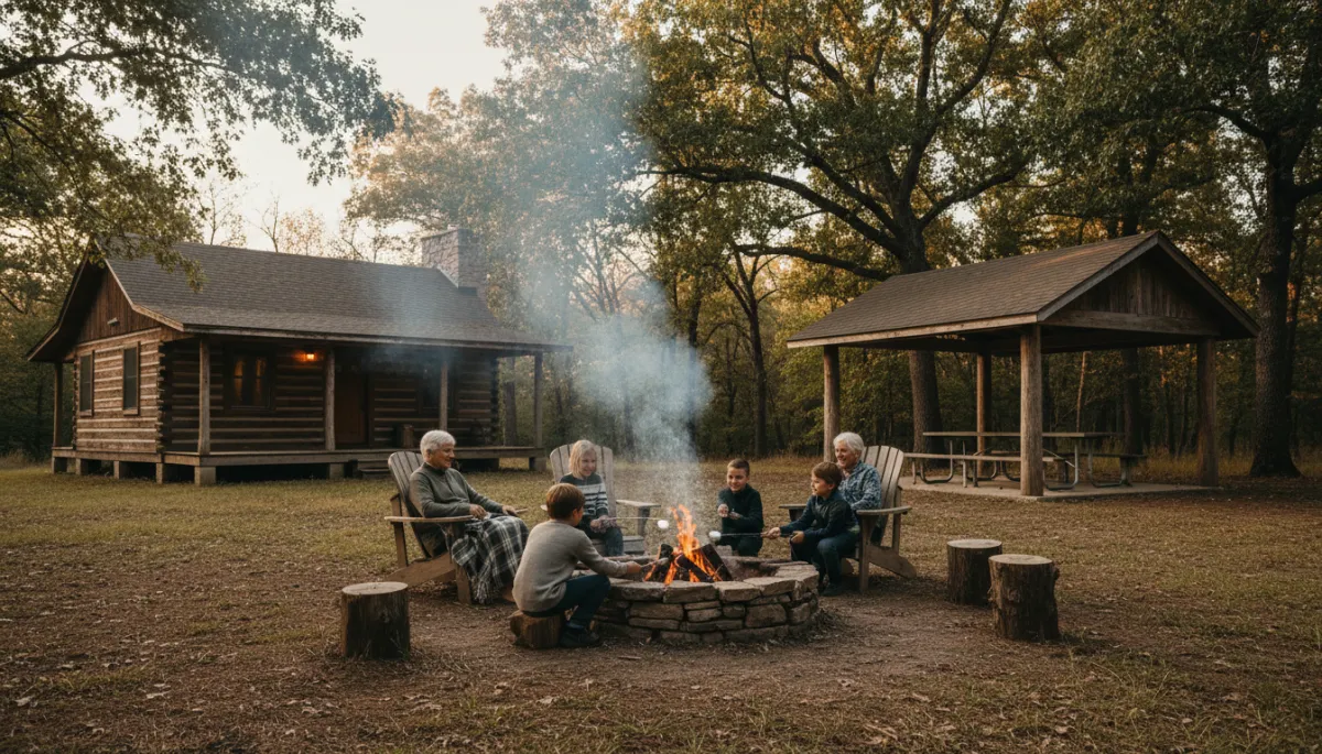 Multi-generational family enjoying a firepit near a small cabin on developed land Multi-generational family enjoying a firepit near a small cabin on developed land