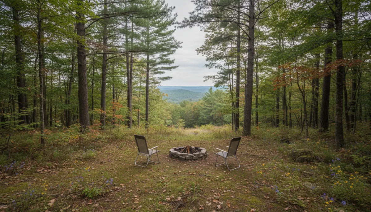 Photorealistic undeveloped forest clearing with camp chairs and distant hills