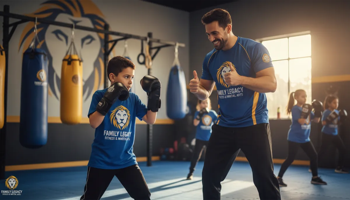 A dynamic, high-energy photo of a child in black pants and a blue Family Legacy Fitness & Martial Arts t-shirt practicing a boxing or self-defense stance, with a smiling instructor encouraging them. The gym and equipment should feature brand blue and gold accents, and the logo should be subtly visible in the background. The tone is fun, supportive, and family-friendly, with a focus on confidence and teamwork.