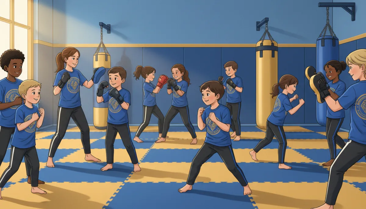 A friendly, vibrant image of a diverse group of children and their instructor on training mats, all wearing black pants and blue t-shirts with the Family Legacy Fitness & Martial Arts logo visible. The scene should show a fun, safe martial arts environment with boxing, kickboxing, and self-defense elements. Use the brand’s blue and gold colors as accents. The setting should feel welcoming and family-oriented, appealing to parents and showcasing positive, energetic group dynamics.