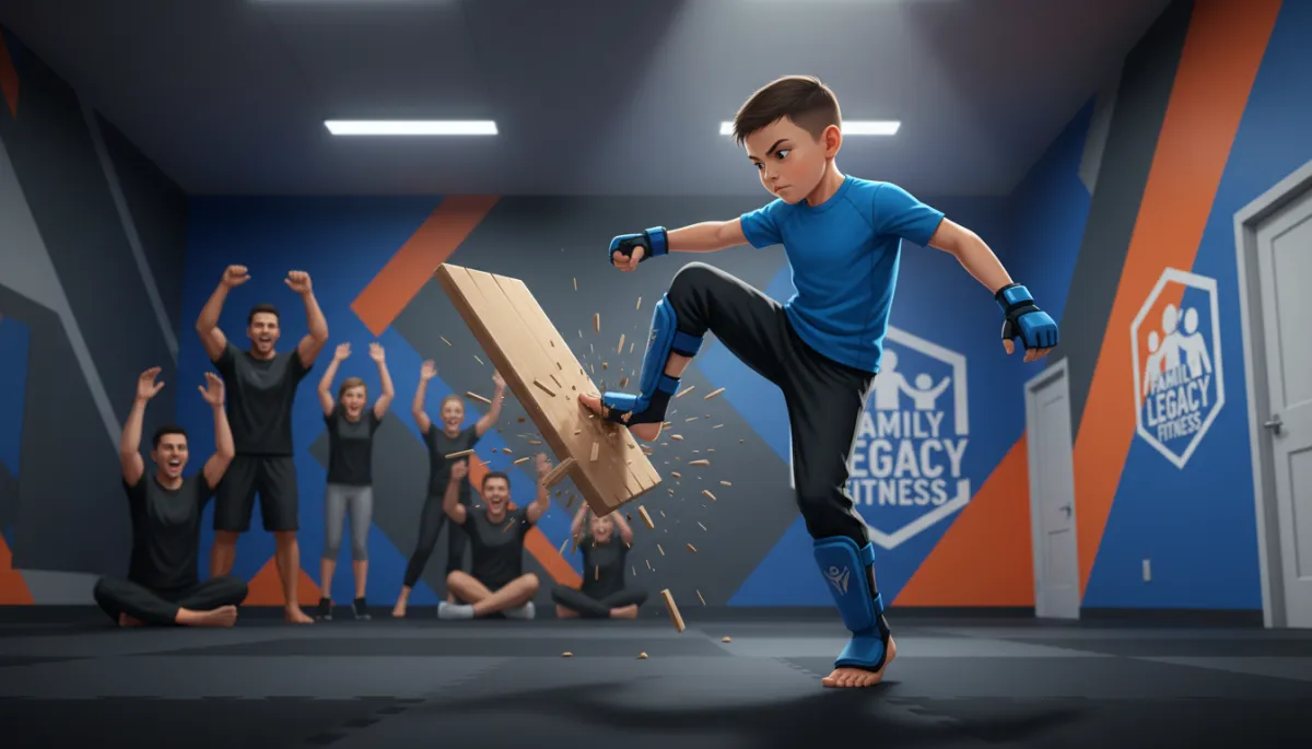 A dynamic photo of a child breaking a wooden board during a martial-arts class at Family Legacy Fitness. The child wears black pants and a blue shirt, and parents cheer supportively in the background. The studio reflects Family Legacy Fitness brand colors and style. The scene should NOT reference karate—emphasize a modern self-defense/martial-arts environment, such as Krav Maga, kickboxing, MMA, or boxing, with appropriate gear and no karate belts.