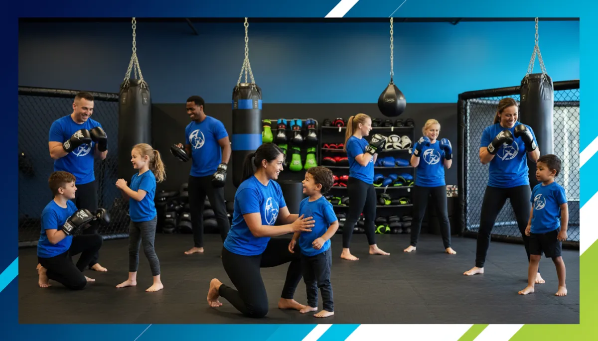 A professional, vibrant photo of a diverse group of smiling parents and children in a martial-arts studio in Manassas, wearing black pants and blue shirts. The instructor, also in black pants and blue shirt, is kneeling at eye level with a child. The atmosphere is supportive, and the studio features Family Legacy Fitness brand colors. The environment should clearly show boxing, MMA, kickboxing, or Krav Maga elements (gloves, pads, heavy bags, or focus mitts), not karate.