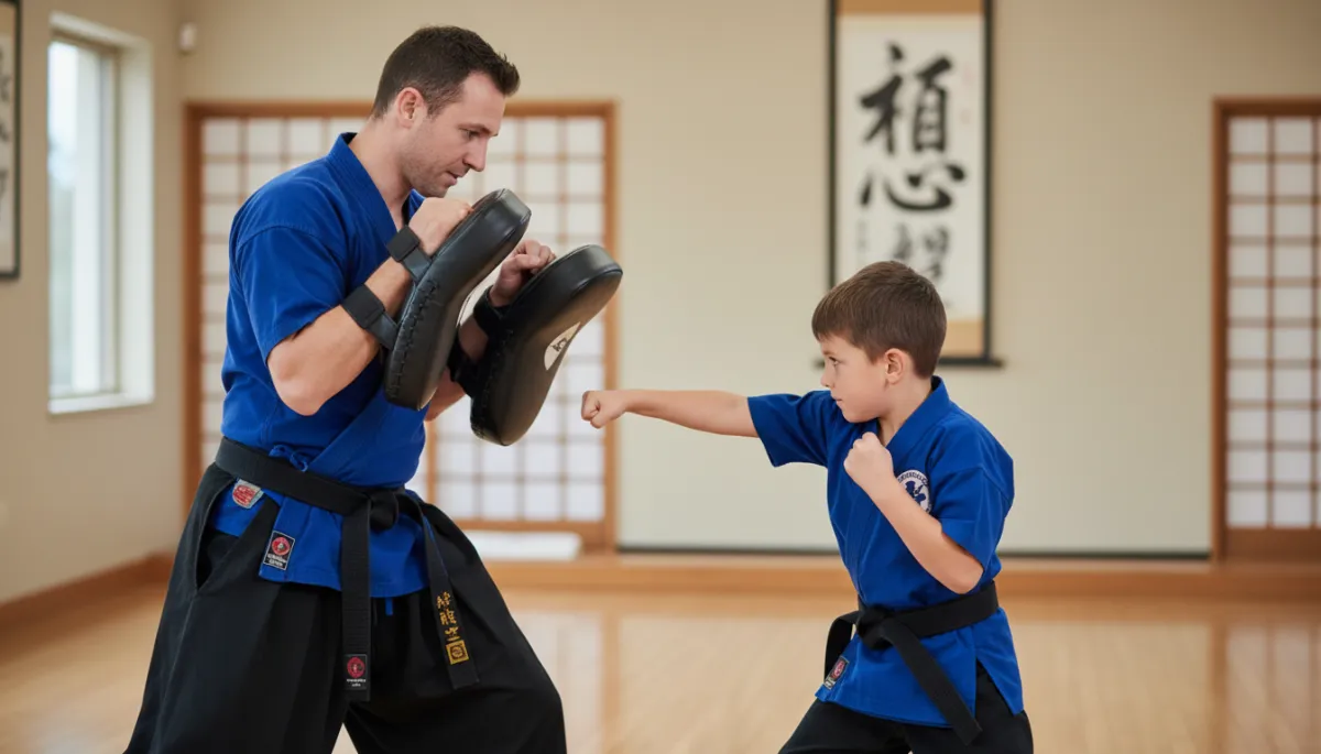 Instructor holding pads while a child practices a punch in class