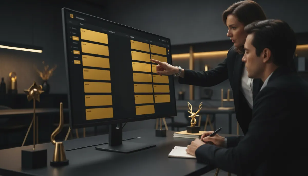 Sales manager reviewing Kanban-style task board with gold-accented task cards