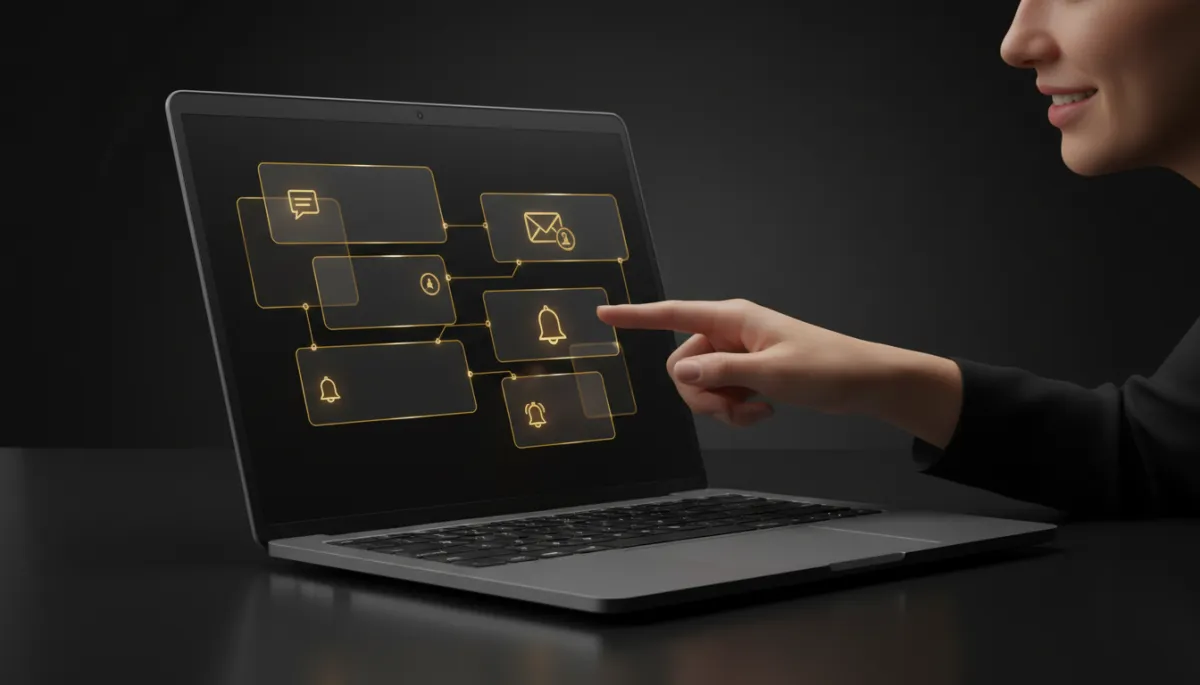 Photorealistic gold and black workflow timeline showing automated follow-up steps