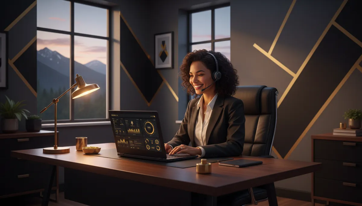 Photorealistic scene inside a modern Sandpoint Idaho small business office at dusk, warm lighting reflecting off black and gold #ffb612 accents on walls and decor, a business owner wearing a headset smiles while looking at a laptop screen showing a sleek black and gold voice AI dashboard, with subtle mountains through the window in the background. Ensure all gold accents and UI elements are exactly #ffb612. Photorealistic scene inside a modern Sandpoint Idaho small business office at dusk, warm lighting reflecting off black and gold #ffb612 accents on walls and decor, a business owner wearing a headset smiles while looking at a laptop screen showing a sleek black and gold voice AI dashboard, with subtle mountains through the window in the background. Ensure all gold accents and UI elements are exactly #ffb612.
