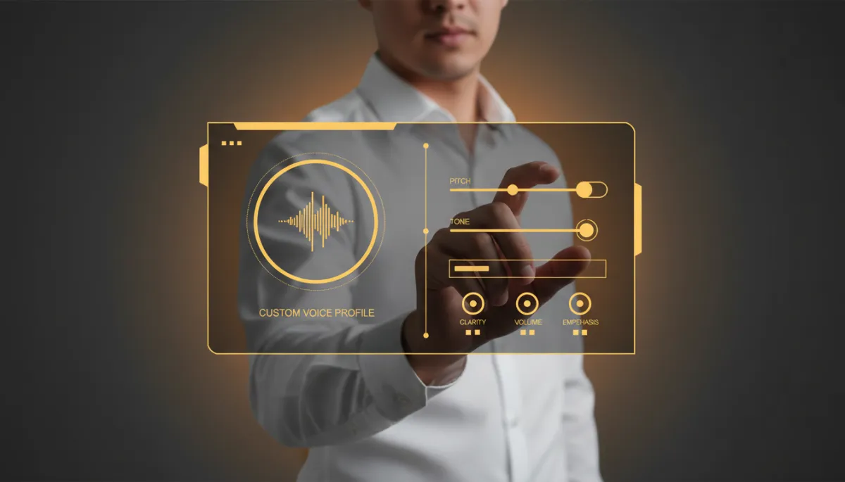 Business owner adjusting custom voice profile settings on a black and #ffb612 gold dashboard. All gold UI elements, highlights, and accents should use color #ffb612. Business owner adjusting custom voice profile settings on a black and #ffb612 gold dashboard. All gold UI elements, highlights, and accents should use color #ffb612.