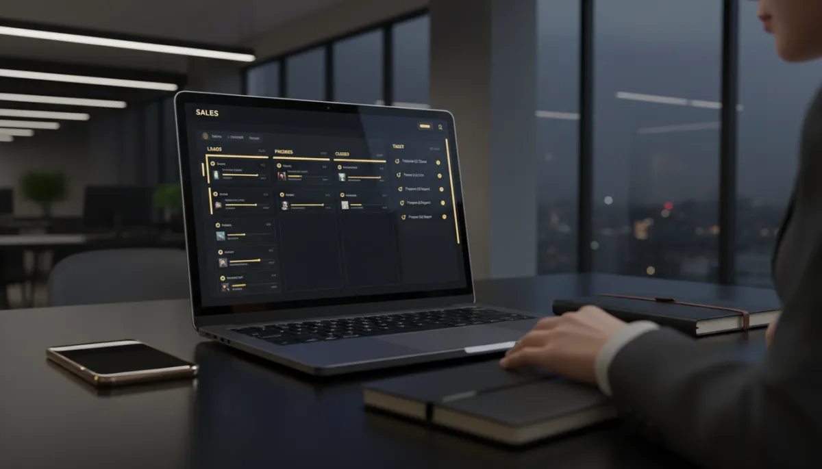 photorealistic modern dark-mode sales dashboard on a laptop showing Kanban board and task list with gold #FFB612 accents, business professional working at a black desk with notebook and phone, subtle depth of field, sleek tech office lighting