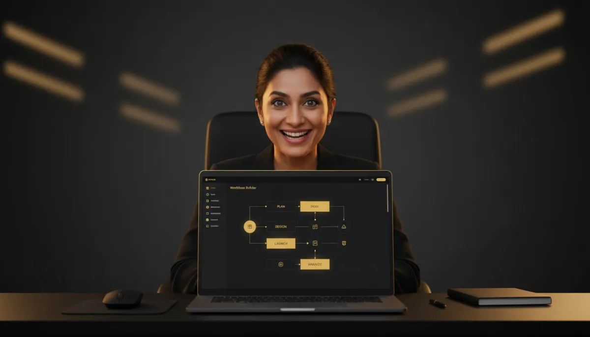 photorealistic scene of a small business owner in a dark black modern office, illuminated by a laptop screen showing a gold #FFB612 accented workflow builder dashboard with simple connected steps, subtle glow highlighting the owner’s excited expression