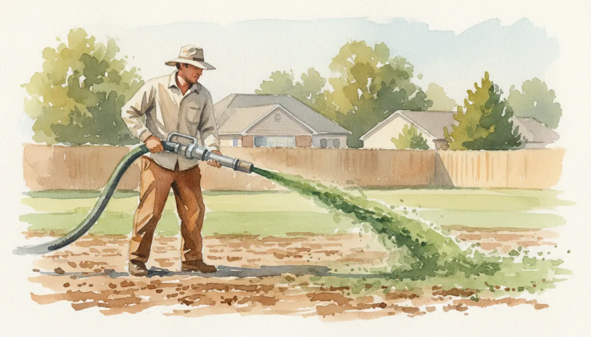 Contractor hydroseeding a prepared residential yard in Tupelo Mississippi