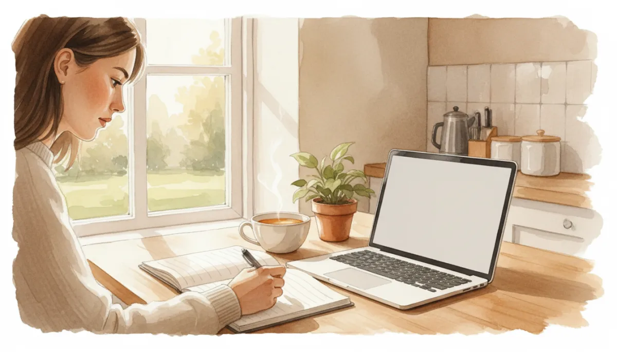 Person using a simple budgeting notebook beside a laptop at a kitchen table Person using a simple budgeting notebook beside a laptop at a kitchen table