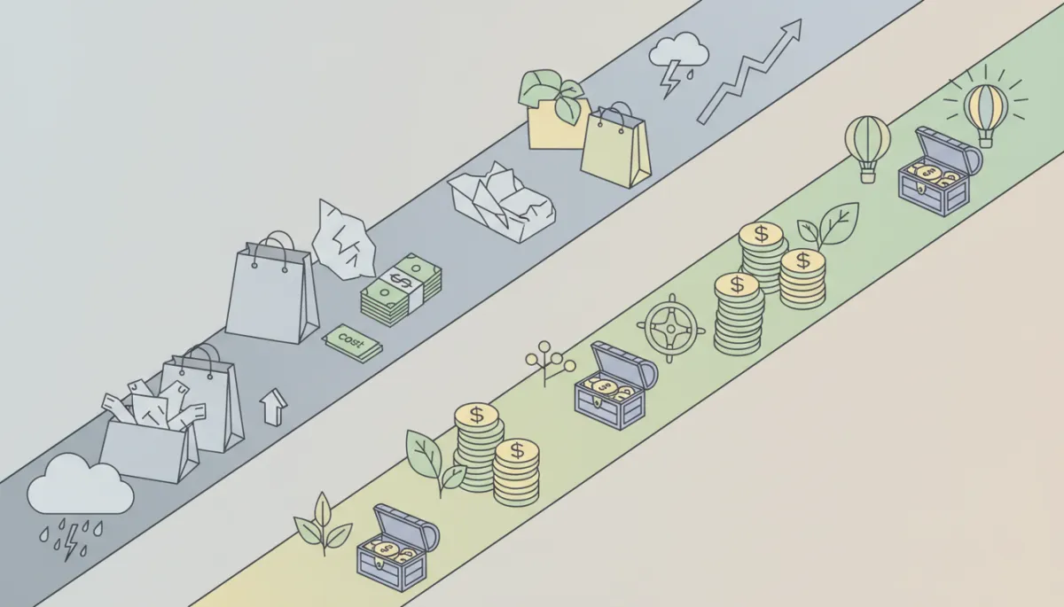 professional, neutral-toned illustration of two parallel paths, one showing increasing lifestyle expenses with stress icons, the other showing stable lifestyle with growing savings and options, clean and minimalist design professional, neutral-toned illustration of two parallel paths, one showing increasing lifestyle expenses with stress icons, the other showing stable lifestyle with growing savings and options, clean and minimalist design