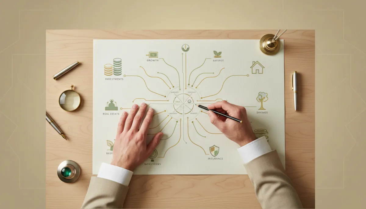 professional neutral-toned overhead view of a person sketching a financial blueprint with principles written in the center and products branching outward, clean desk, subtle gold and green accents