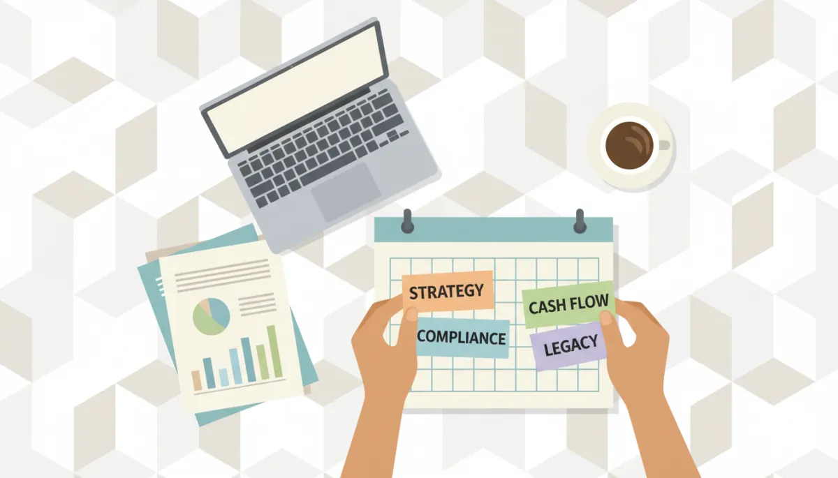 professional neutral-toned overhead view of a desk with a calendar, financial reports, a laptop, and a cup of coffee, with hands placing sticky notes labeled strategy, cash flow, compliance, and legacy on the calendar