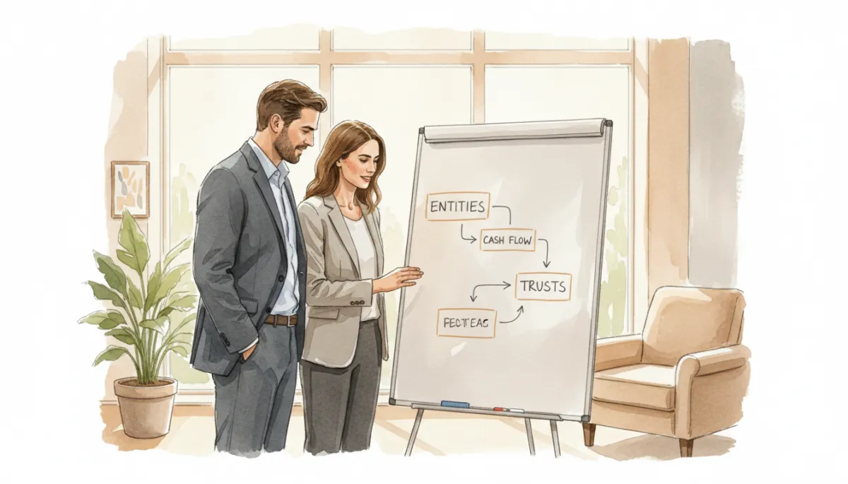 professional neutral-toned photograph of a business owner and advisor standing over a simple whiteboard diagram showing entities, trusts, and cash-flow arrows, calm office setting, professional style