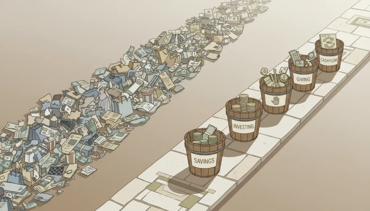Visual comparison of chaotic financial habits versus structured stewardship systems