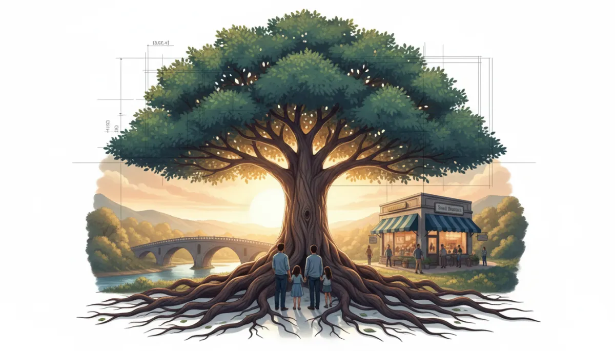 Premium editorial illustration of the Tree of Life sheltering a family and thriving business, connected by a bridge symbolizing continuity, stewardship, protection, and long-term legacy planning.