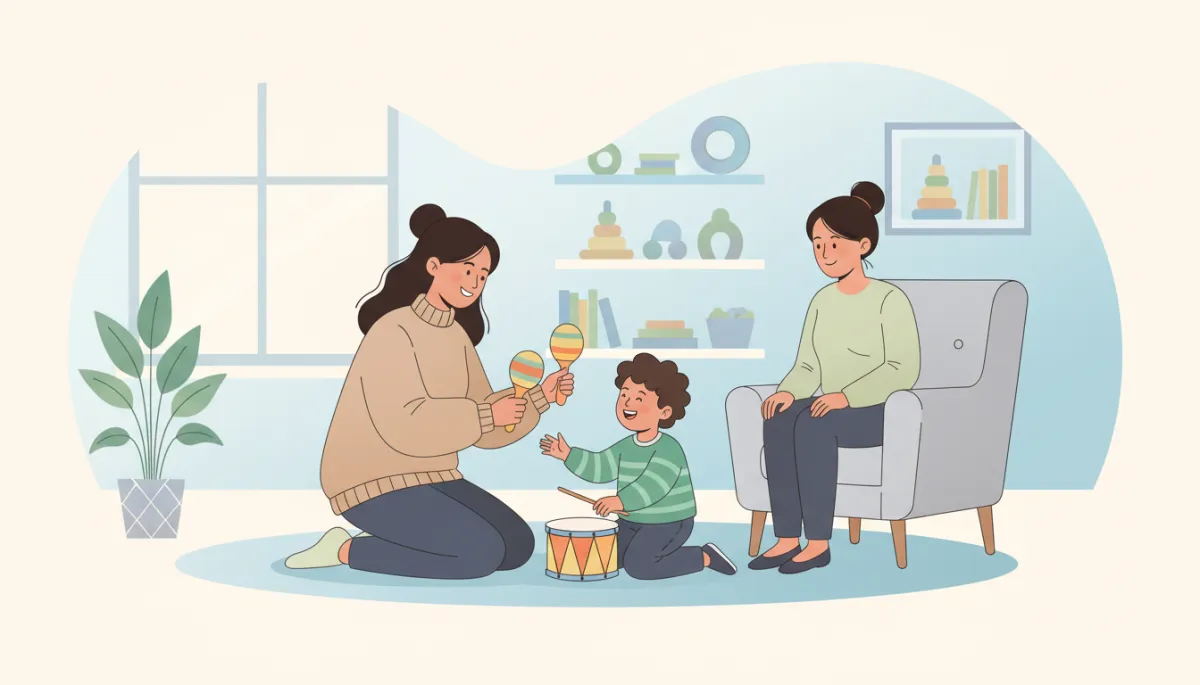Terapeuta del lenguaje utilizando instrumentos musicales con un niño para estimular la escucha Terapeuta del lenguaje utilizando instrumentos musicales con un niño para estimular la escucha