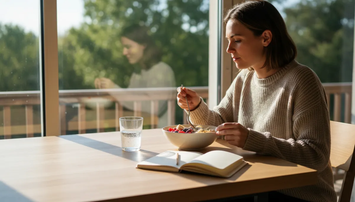 Donna che fa colazione sana con frutta e avena in un ambiente luminoso e naturale Donna che fa colazione sana con frutta e avena in un ambiente luminoso e naturale