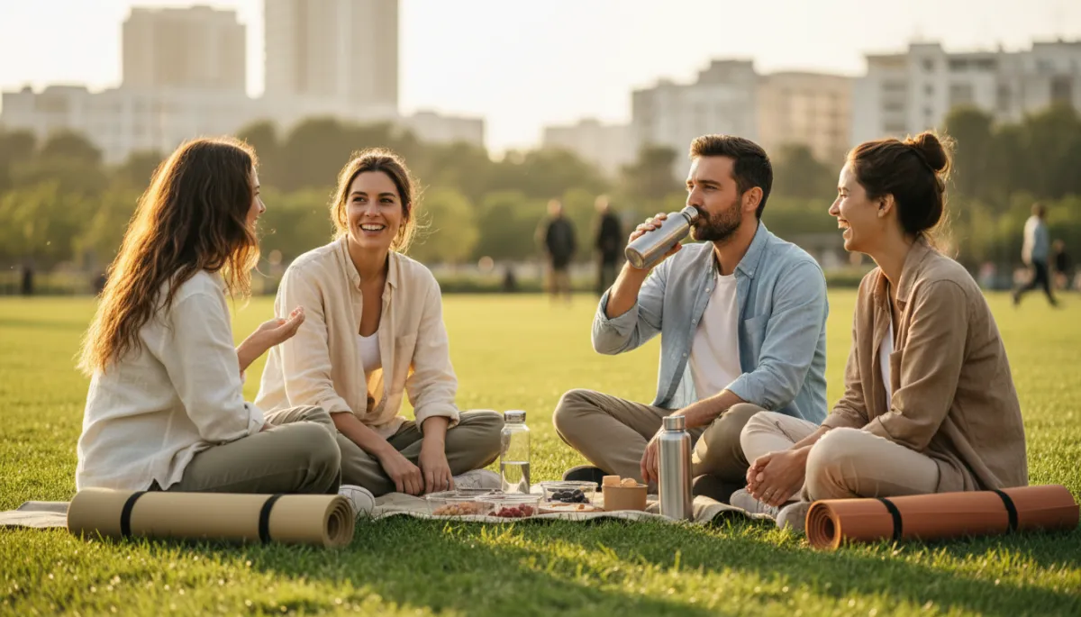 Amici che si rilassano all'aperto dopo una sessione di yoga in città Amici che si rilassano all'aperto dopo una sessione di yoga in città