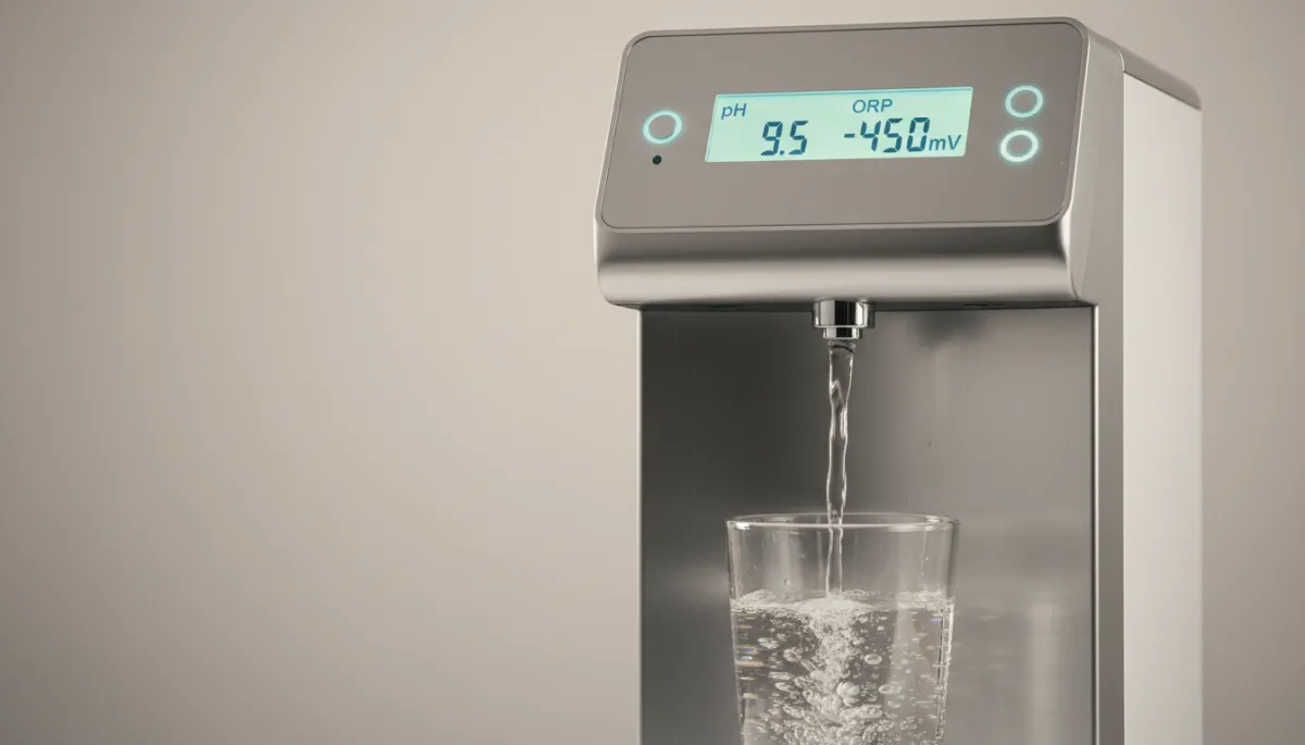 Display professionale di un ionizzatore che mostra valori di pH e ORP mentre riempie un bicchiere