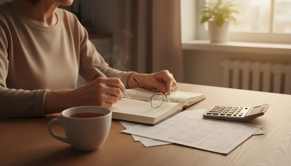 persona over 50 seduta a un tavolo di cucina illuminato da una luce calda serale, tazza di tè accanto, occhiali appoggiati sul quaderno, fogli con conti domestici ordinati, calcolatrice semplice, espressione serena e concentrata mentre controlla le spese, stile fotorealistico, atmosfera intima e rassicurante