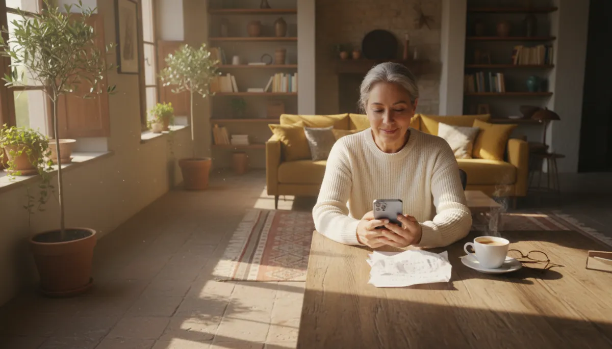 scena fotorealistica in un soggiorno italiano caldo e luminoso, una persona over 45 seduta al tavolo guarda serenamente lo smartphone con accanto un foglio pieno di numeri, tazza di caffè, luce naturale del mattino, atmosfera accogliente e ottimistica