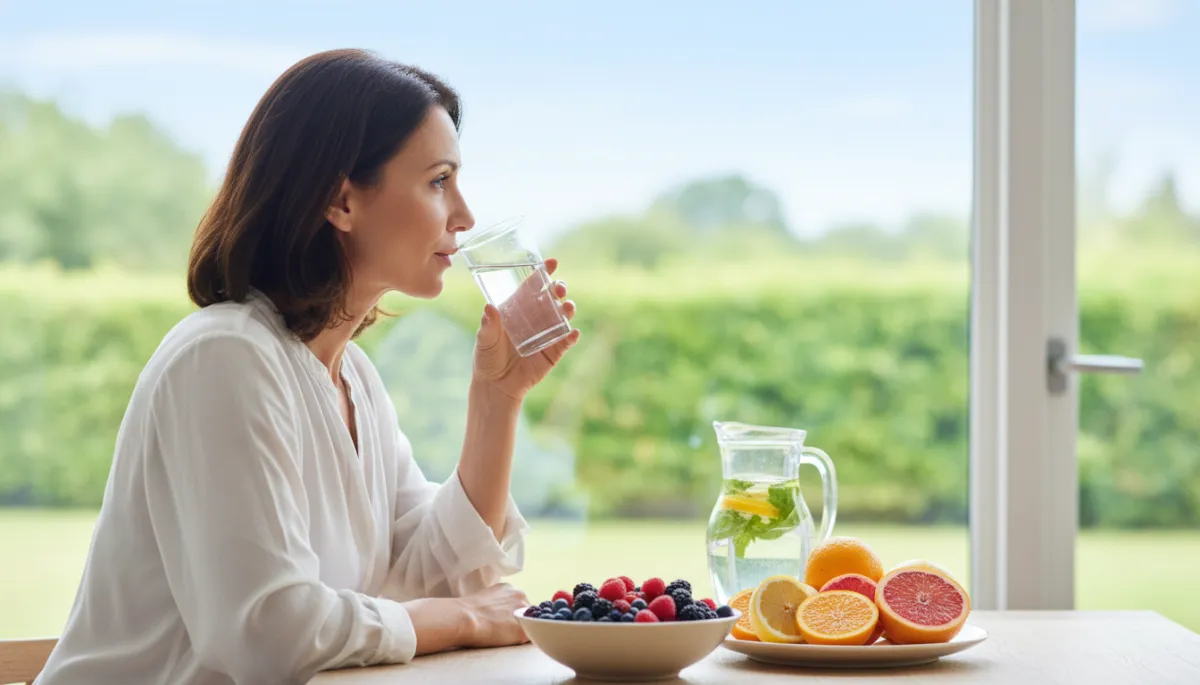 Scena fotorealistica e neutra di una donna adulta che sorseggia acqua vicino a una finestra luminosa, con frutta ricca di antiossidanti (frutti di bosco, agrumi) su un tavolo in legno chiaro, atmosfera calma e pulita, luce naturale morbida