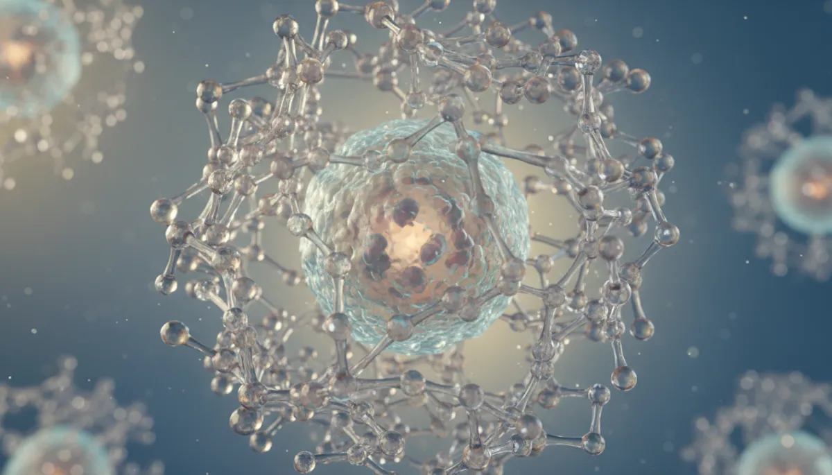 Scena fotorealistica ravvicinata di una cellula umana illuminata da una luce morbida, con molecole trasparenti che la proteggono, colori neutri e naturali, sensazione di benessere cellulare e vitalità