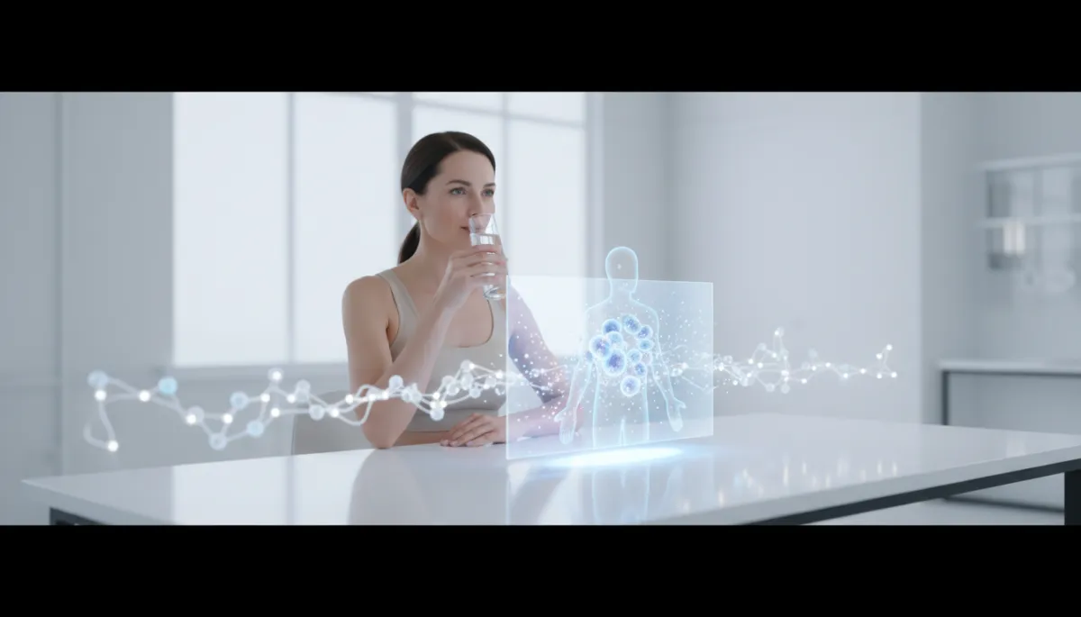 Scena fotorealistica in colori neutri di una donna adulta che sorseggia un integratore liquido trasparente davanti a un tavolo con molecole stilizzate e un ologramma di particelle nano che si diffondono nel corpo, atmosfera luminosa e tecnologica