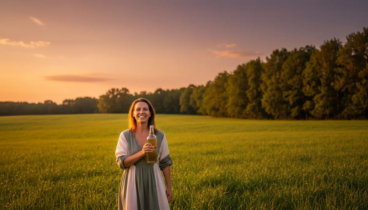 Scena fotorealistica di una donna adulta che sorride in un prato verde al tramonto, con bottiglietta trasparente in mano, luce calda, alberi sullo sfondo, atmosfera di natura, salute e vitalità