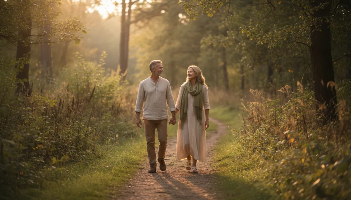 Scena fotorealistica, donna e uomo intorno ai 50 anni camminano in un sentiero nel verde al tramonto, luce morbida, colori neutri e naturali, atmosfera serena e di benessere, natura rigogliosa sullo sfondo