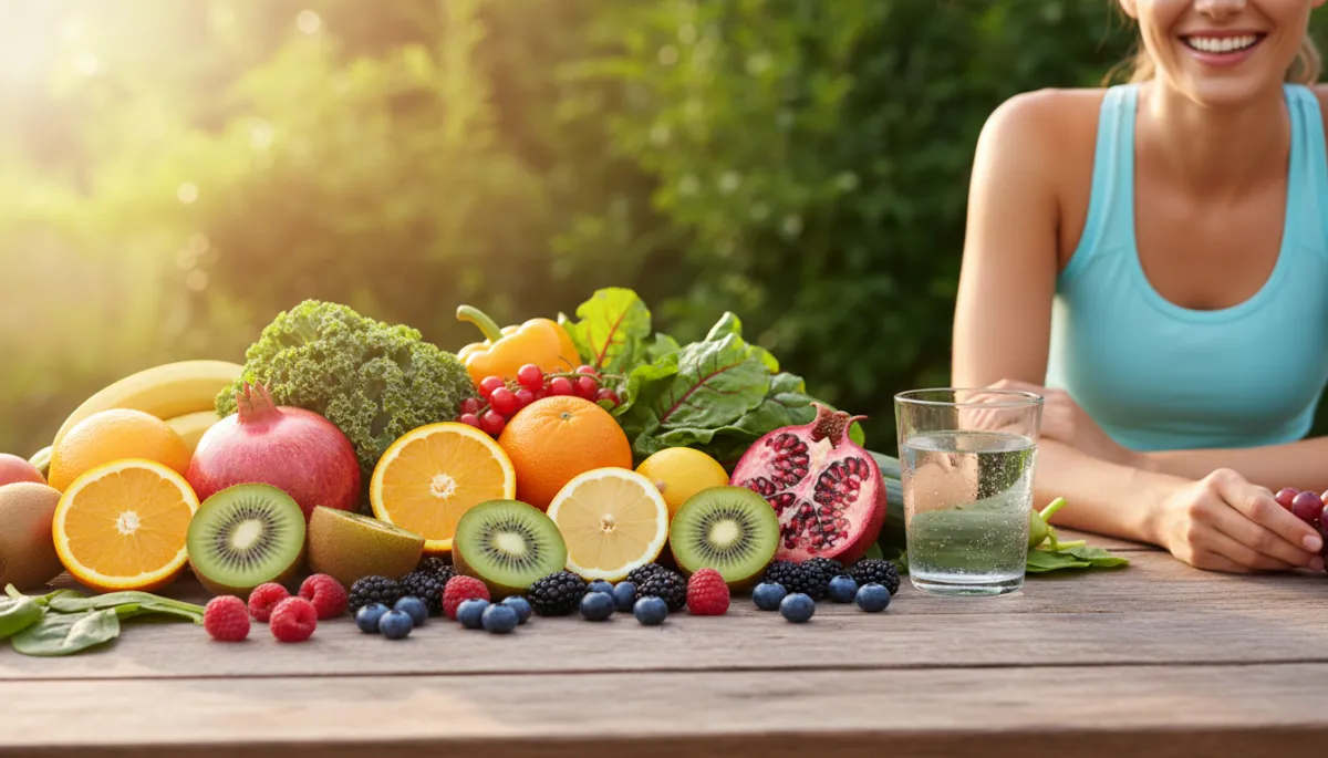 scena fotorealistica di tavolo in legno con assortimento colorato di frutta e verdura fresca (frutti di bosco, agrumi, kiwi, melograno, verdure a foglia verde) accanto a un bicchiere d'acqua e una persona che sorride in abbigliamento sportivo, luce naturale calda, atmosfera di benessere e natura