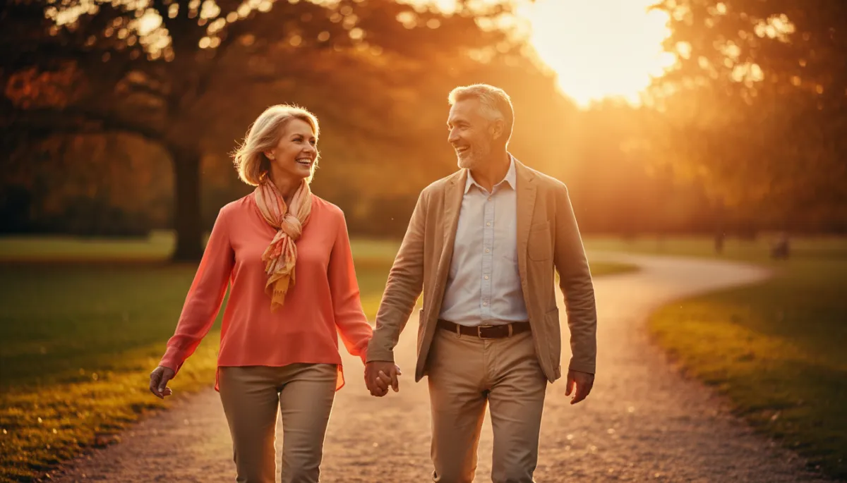Coppia di adulti 50+ che cammina sorridente al tramonto in un parco, pelle luminosa, postura vitale, luce calda dorata, stile fotorealistico, colori che evocano energia e longevità
