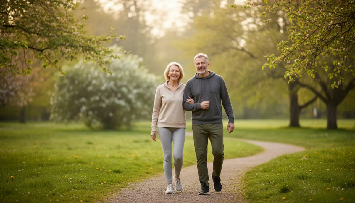 scena fotorealistica di una coppia 50enne sorridente che cammina al mattino in un parco verde, luce morbida, abbigliamento sportivo neutro, atmosfera serena di benessere e vita sana
