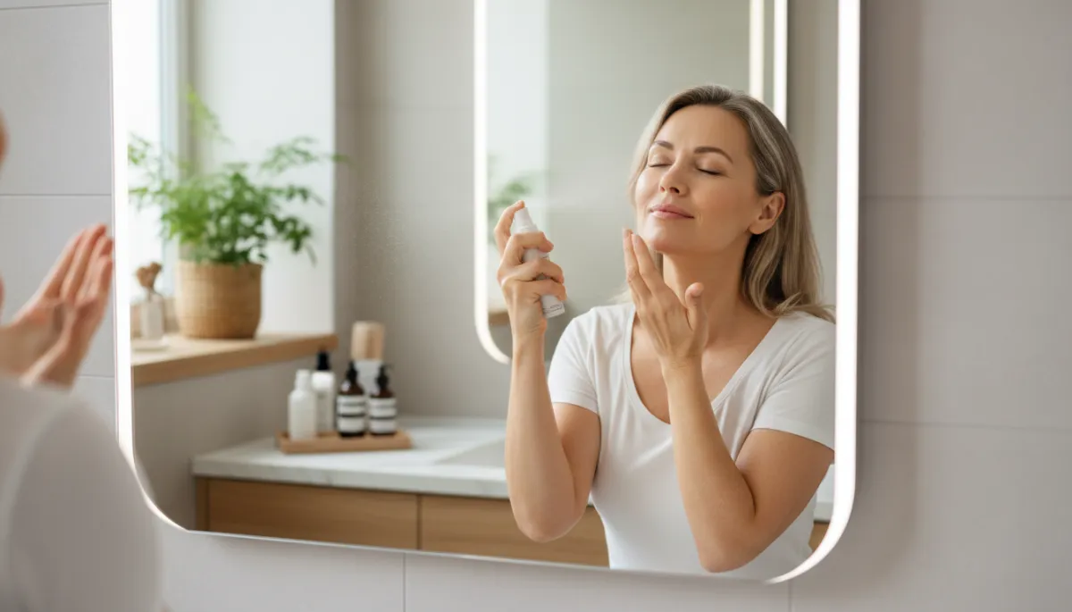 donna 45enne con pelle luminosa che spruzza delicatamente uno spray viso davanti a uno specchio, bagno luminoso dai toni neutri, atmosfera rilassante e fotorealistica