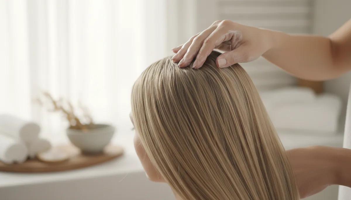 scena fotorealistica in toni neutri, primo piano di capelli lunghi e sani illuminati da luce morbida naturale, mani che massaggiano delicatamente il cuoio capelluto con un trattamento, atmosfera rilassante da spa domestica