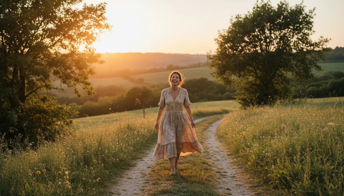 donna italiana tra i 40 e i 50 anni che cammina sorridente in un sentiero di campagna al tramonto, circondata dal verde e da luce calda, stile fotorealistico, colori neutri e naturali