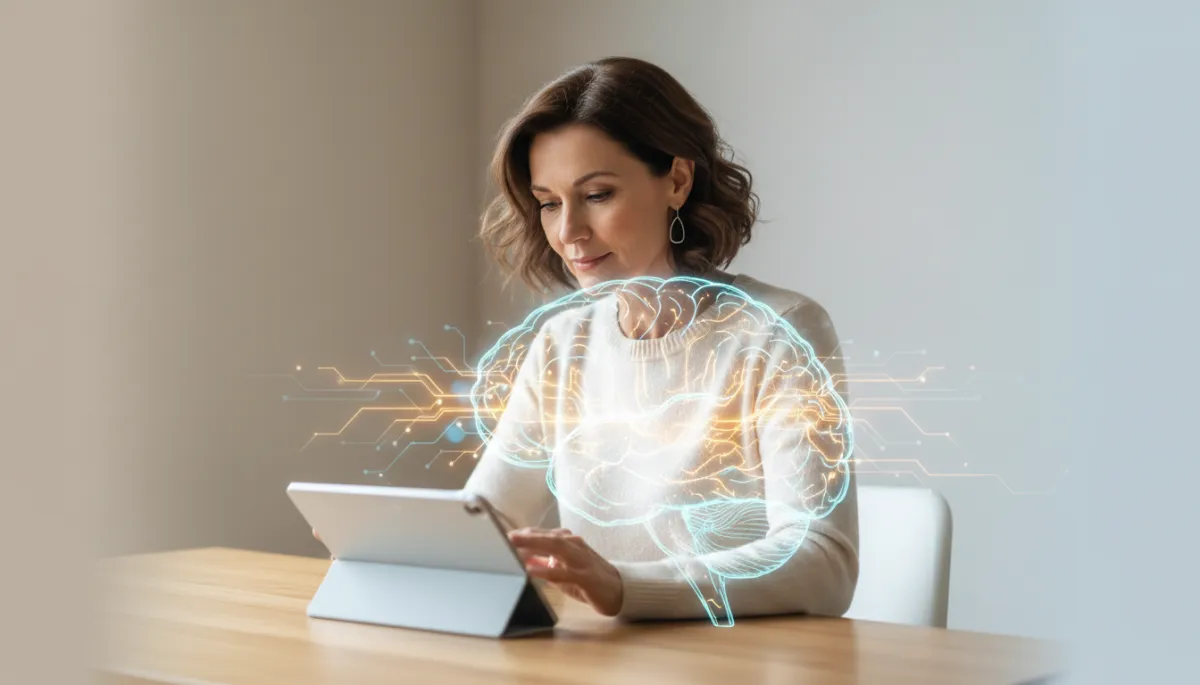 immagine fotorealistica di donna sui 50 anni seduta a una scrivania luminosa, espressione concentrata e serena, sovrapposta a una leggera illustrazione trasparente di un cervello luminoso che richiama attività neuronale, toni neutri e rilassanti