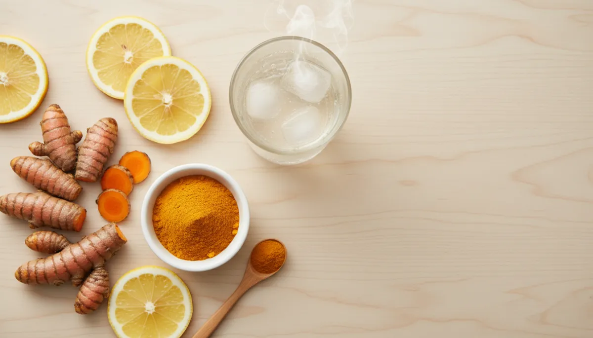 photorealistic close-up of wooden table with fresh turmeric roots, turmeric powder in a small bowl, lemon slices rich in vitamin C, and a glass of clear supplement drink, soft neutral lighting and spa-like wellness atmosphere