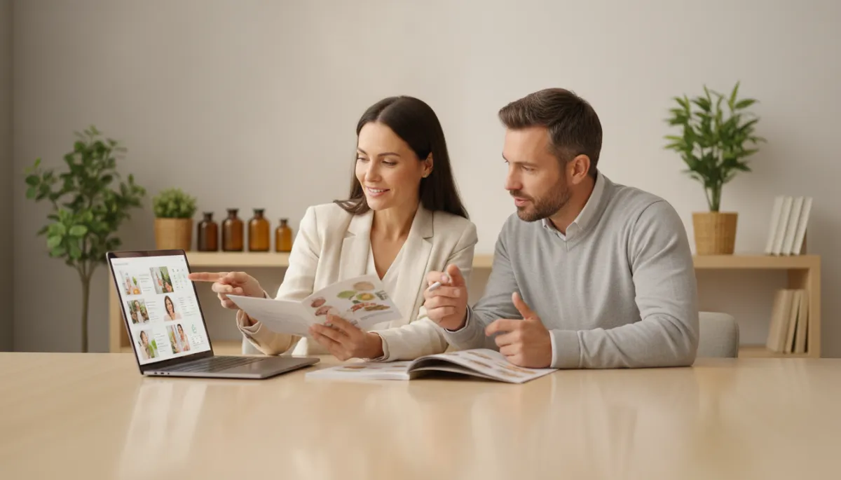 scena fotorealistica in colori neutri con una donna e un uomo adulti seduti a un tavolo luminoso, consultano insieme informazioni su prodotti di benessere al computer e leggono una brochure, atmosfera di fiducia, professionalità e serenità
