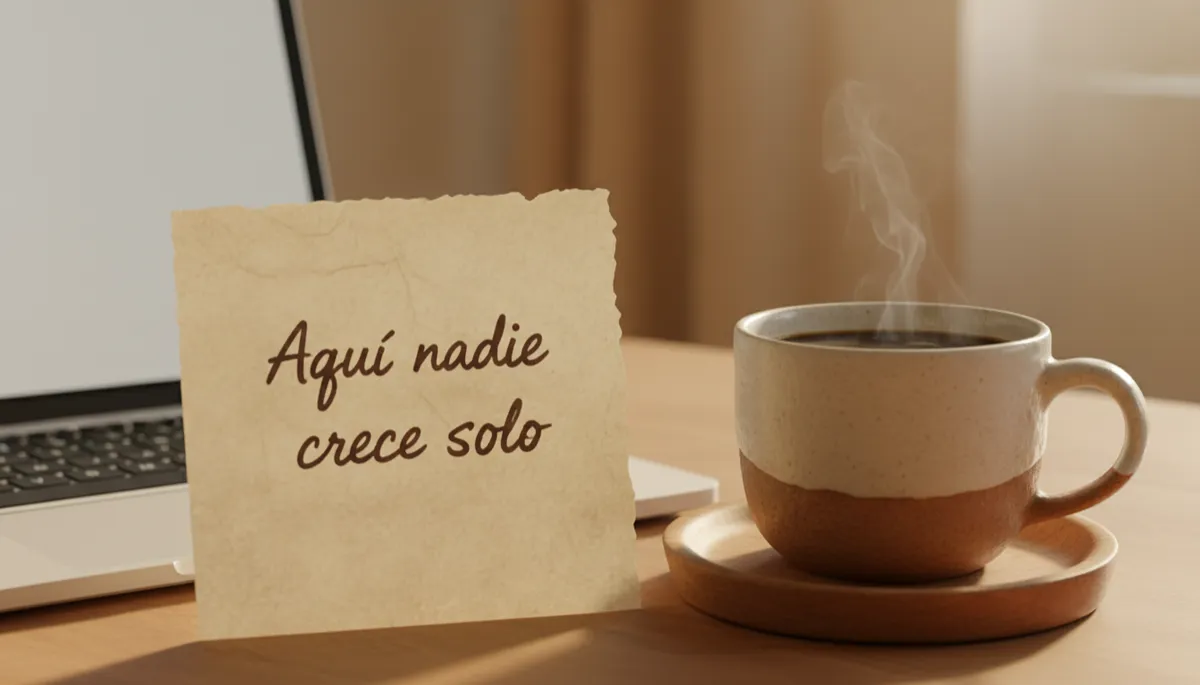 Nota escrita a mano con un mensaje inspirador junto a un portátil y una taza de café Nota escrita a mano con un mensaje inspirador junto a un portátil y una taza de café