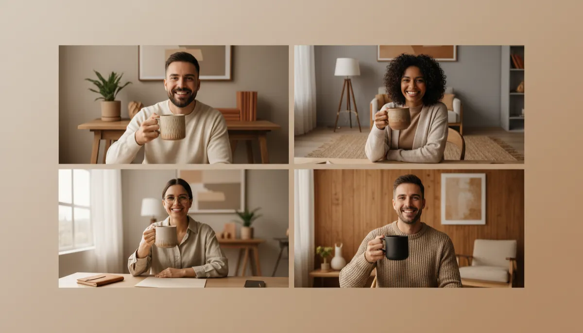 Grupo de profesionales en una videollamada brindando con sus tazas Grupo de profesionales en una videollamada brindando con sus tazas