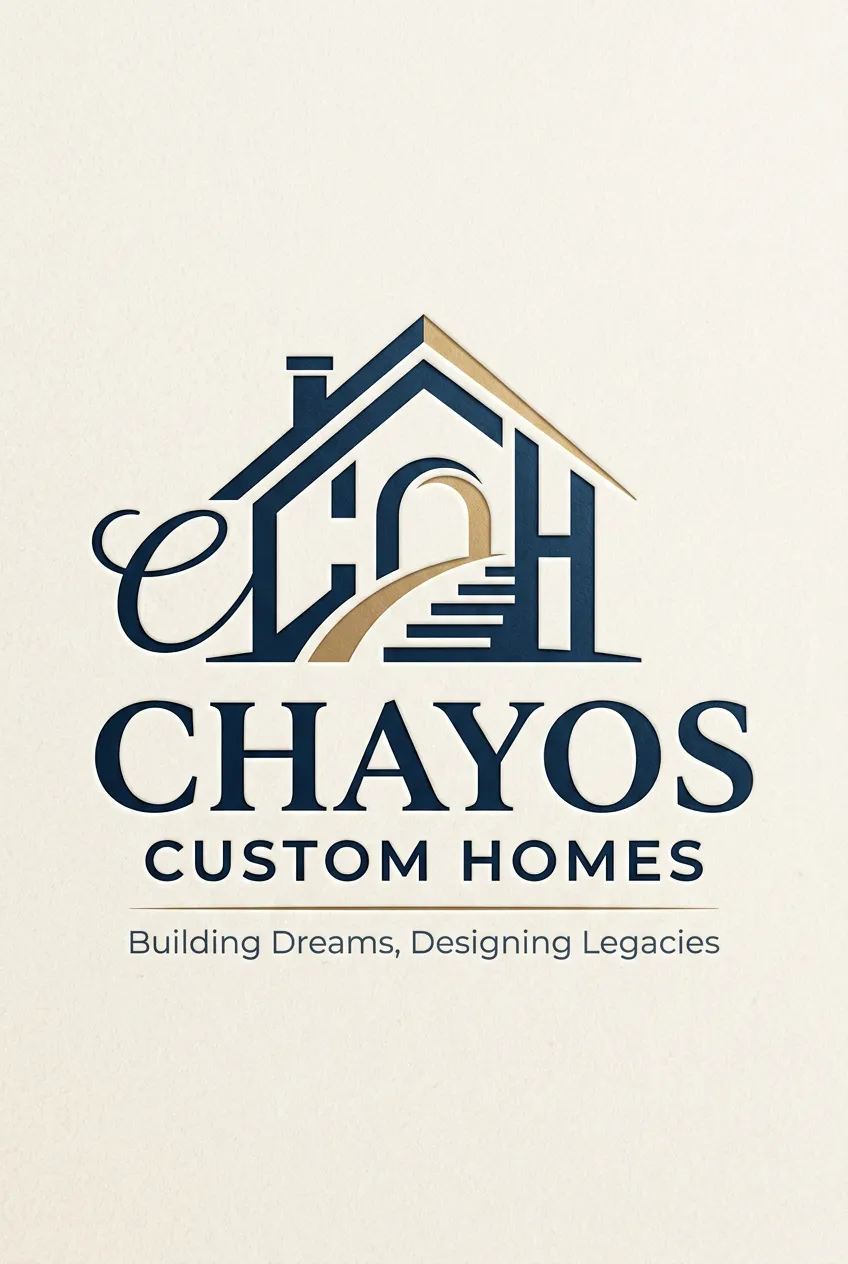 Elaborate logo composed of deep blue and gold elements forming a house with a chimney, a curved path leading to an arched doorway, and stylized steps on the right. Chayos Stucco