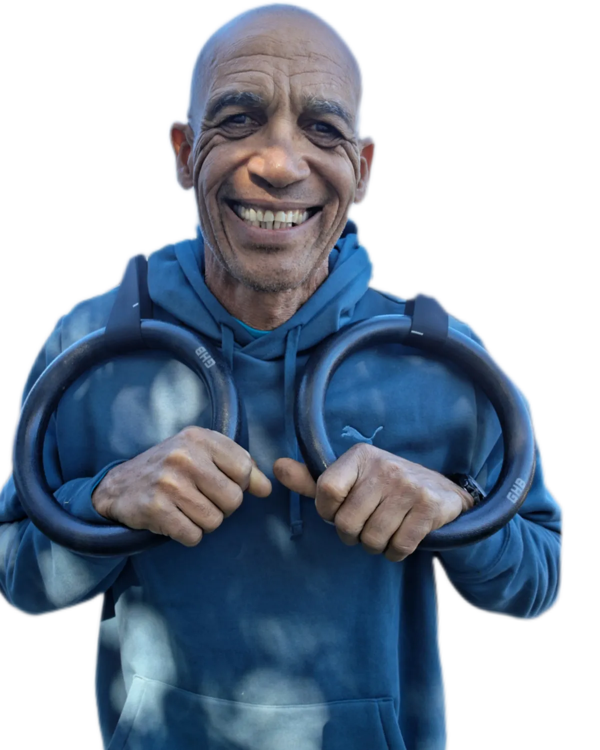 Documentary-style still of early morning walk and rings training