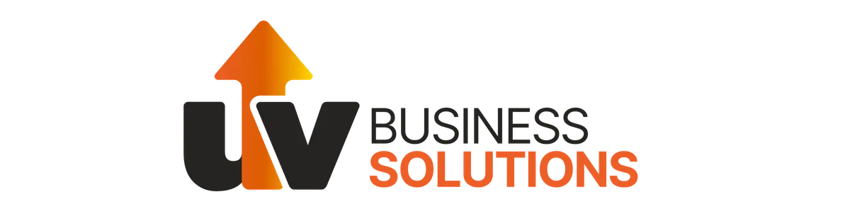 Logo featuring a stylized 'uv' in dark grey with an upward-pointing arrow in an orange-to-yellow gradient placed between the letters, alongside the text 'BUSINESS' in dark grey and 'SOLUTIONS' in solid orange, all in a clean sans-serif typeface.