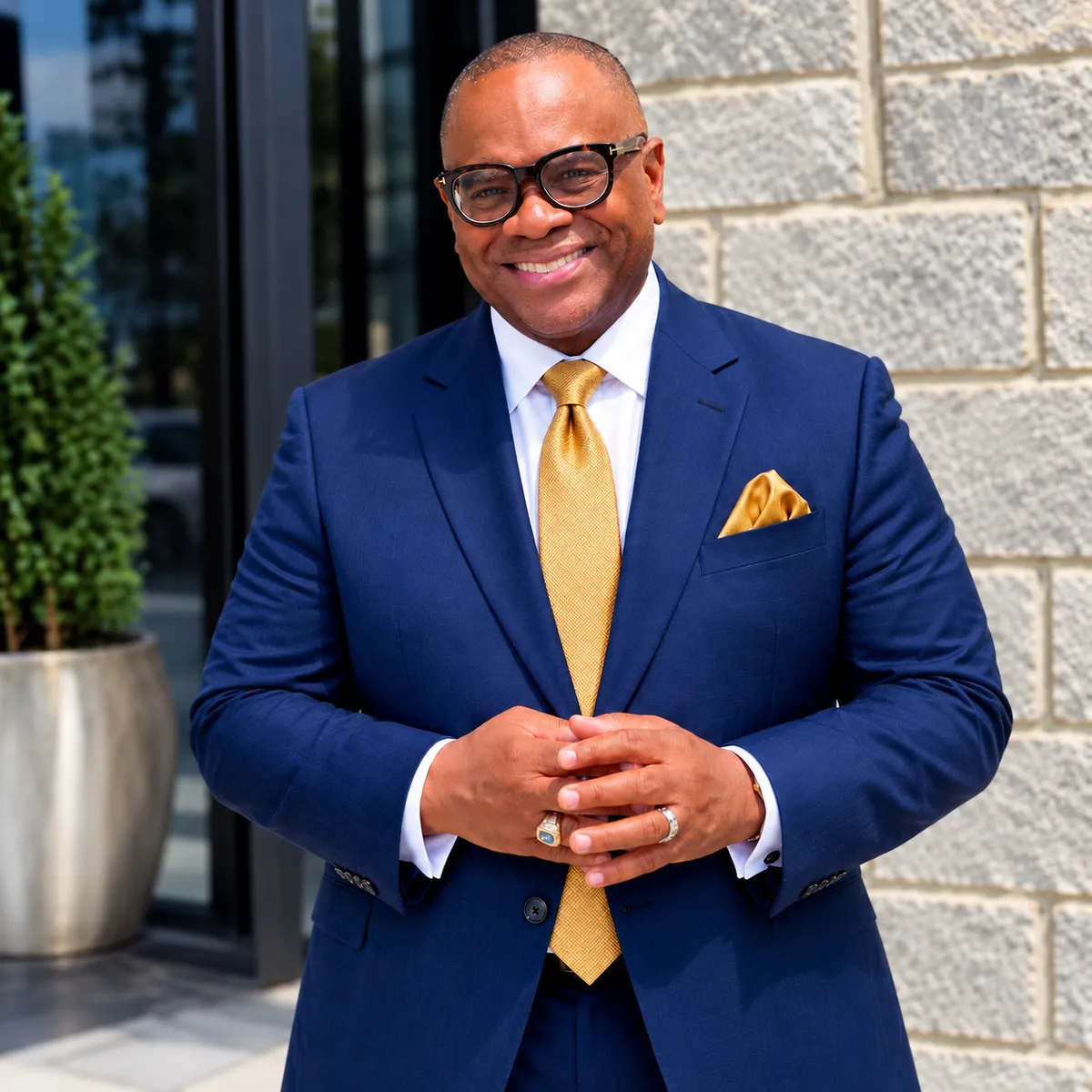 Jeff Moore professional portrait in navy suit with warm executive natural lighting